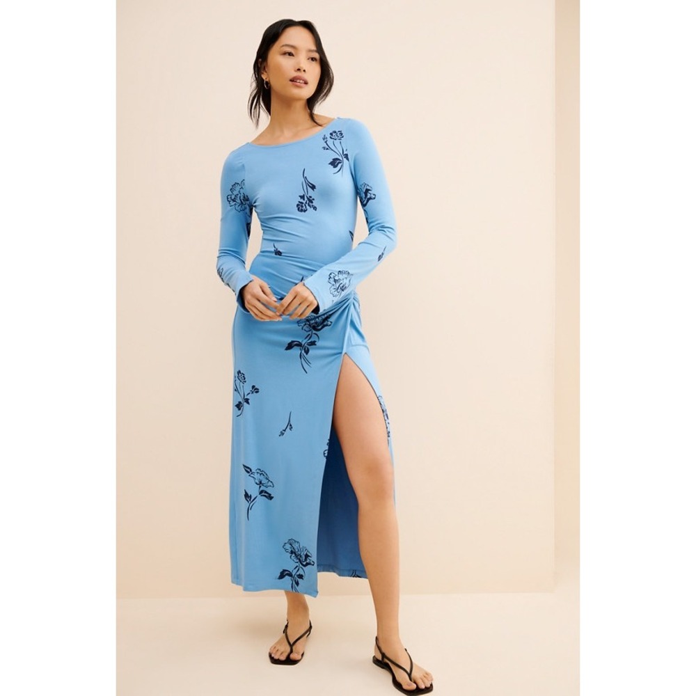 Free People Love & Be Loved Blue Floral Long Sleeve Twist Front Dress SZ L
